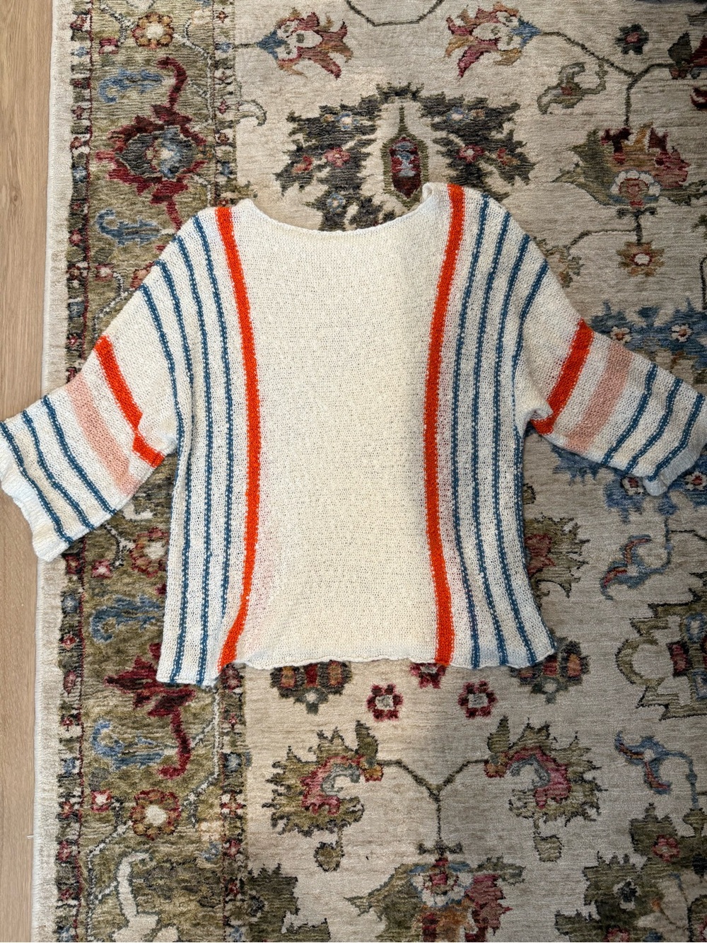 Amazon Cream Crewneck Sweater with Blue and Orange Stripes